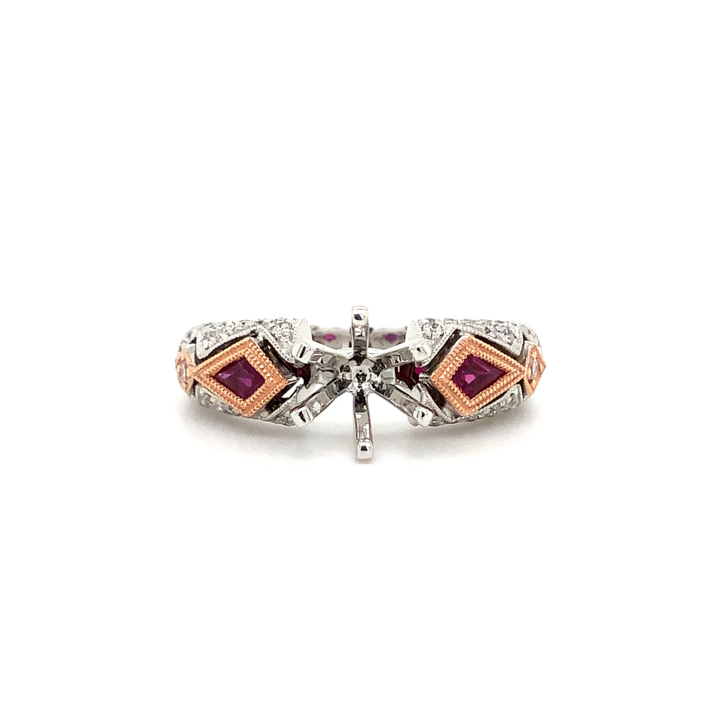 shield cut ruby and round brilliant cut diamond semi-mounting ring 14k rose & white gold