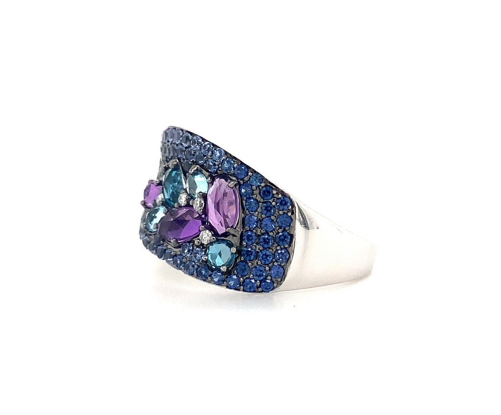 ASBA Collection Ombre Pave Blue Sapphire, Diamond, Blue Topaz and Amethyst Ring 14 Kt Whit Gold - Image 4 of 5