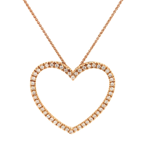 diamond heart shaped pendant 50 round brilliant diamonds  0.62ctw 33mm diameter 18k rose gold