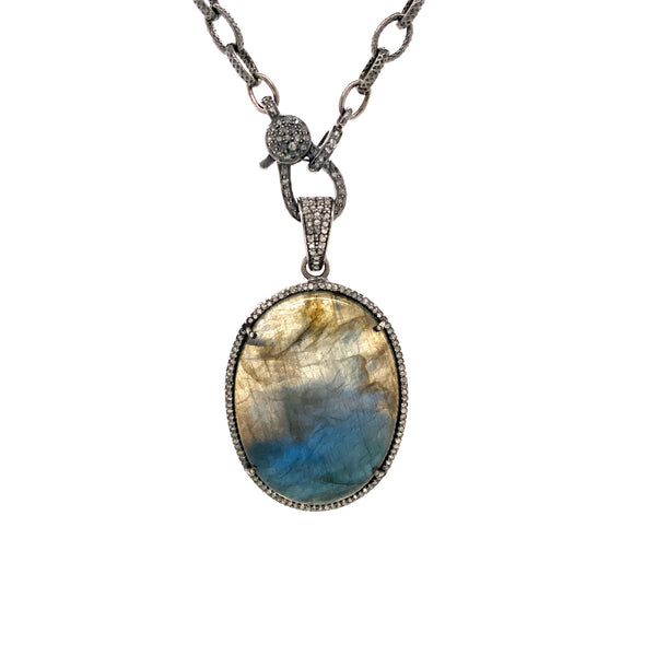 oxidized sterling silver diamond and  labradorite pendant with diamond clasp chain