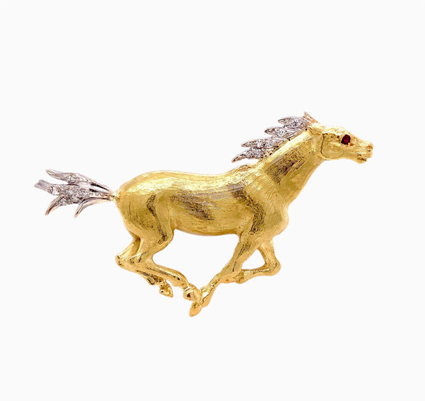 one of kind vintage 18kt yellow and white gold galloping horse pin brooch with ruby and diamonds