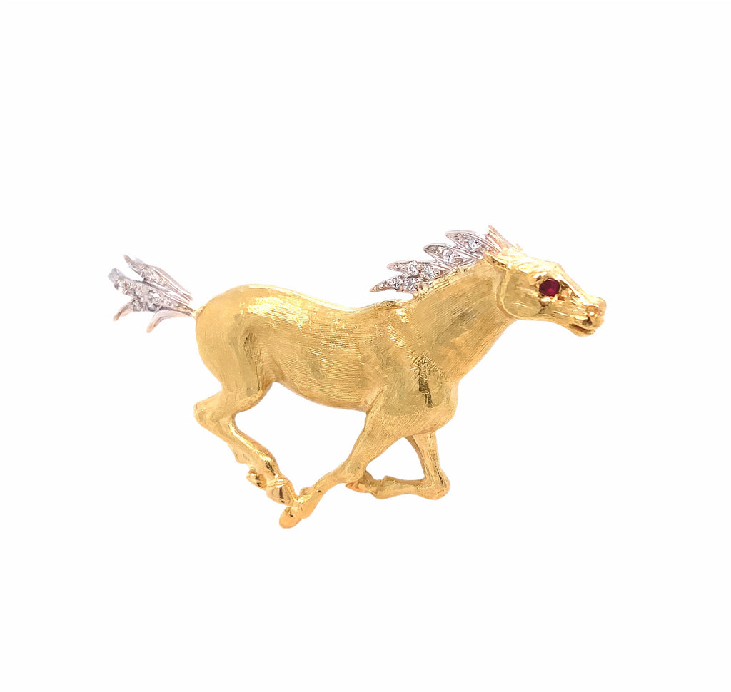 one of kind vintage 18kt yellow and white gold galloping horse pin brooch with ruby and diamonds