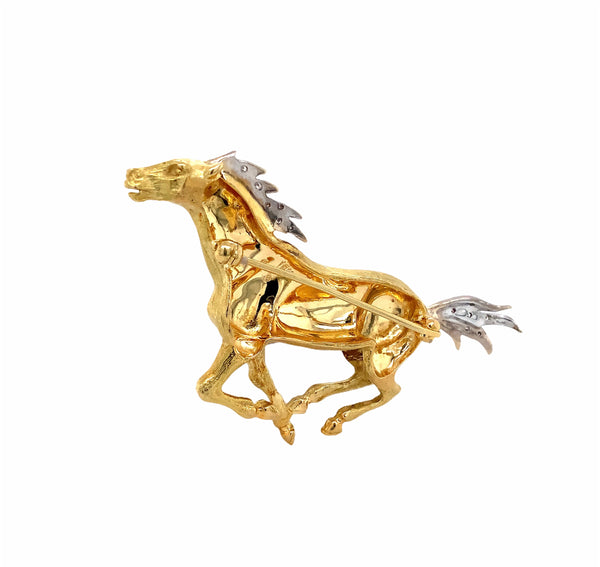 one of kind vintage 18kt yellow and white gold galloping horse pin brooch with ruby and diamonds
