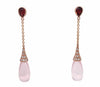 deco inspired cabochon briolette rose quartz, garnet and paved diamond elegant drop earrings in 14k rose gold
