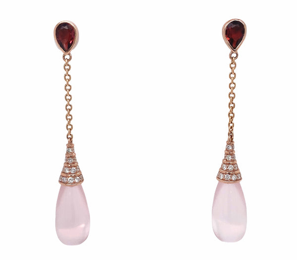 deco inspired cabochon briolette rose quartz, garnet and paved diamond elegant drop earrings in 14k rose gold