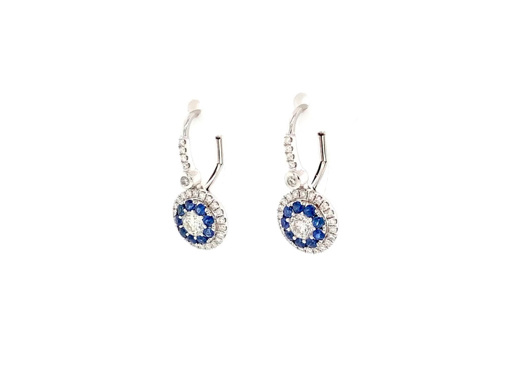 blue sapphire and diamond double halo leverback  drop earrings 14k white gold