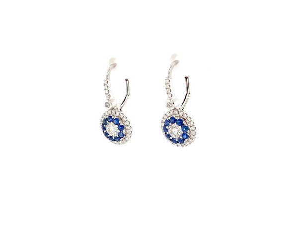 blue sapphire and diamond double halo leverback  drop earrings 14k white gold