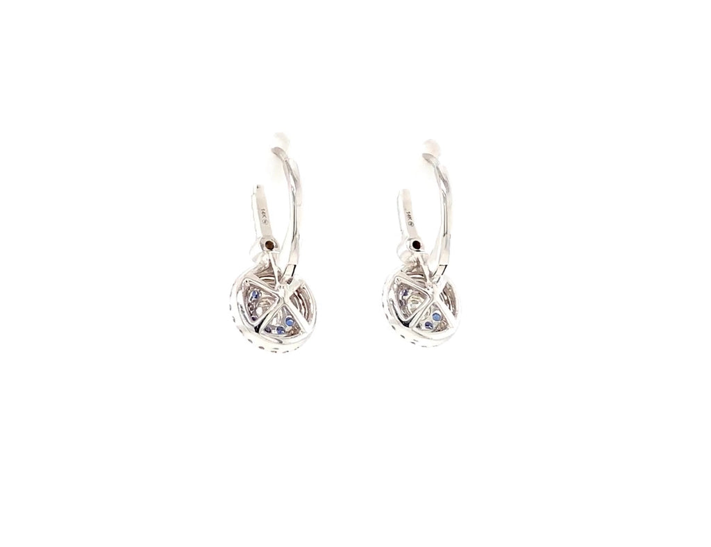 blue sapphire and diamond double halo leverback  drop earrings 14k white gold