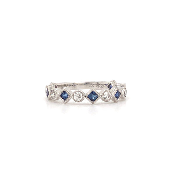 square blue ceylon sapphire and brilliant  stackable diamond band in 14 kt white gold.
