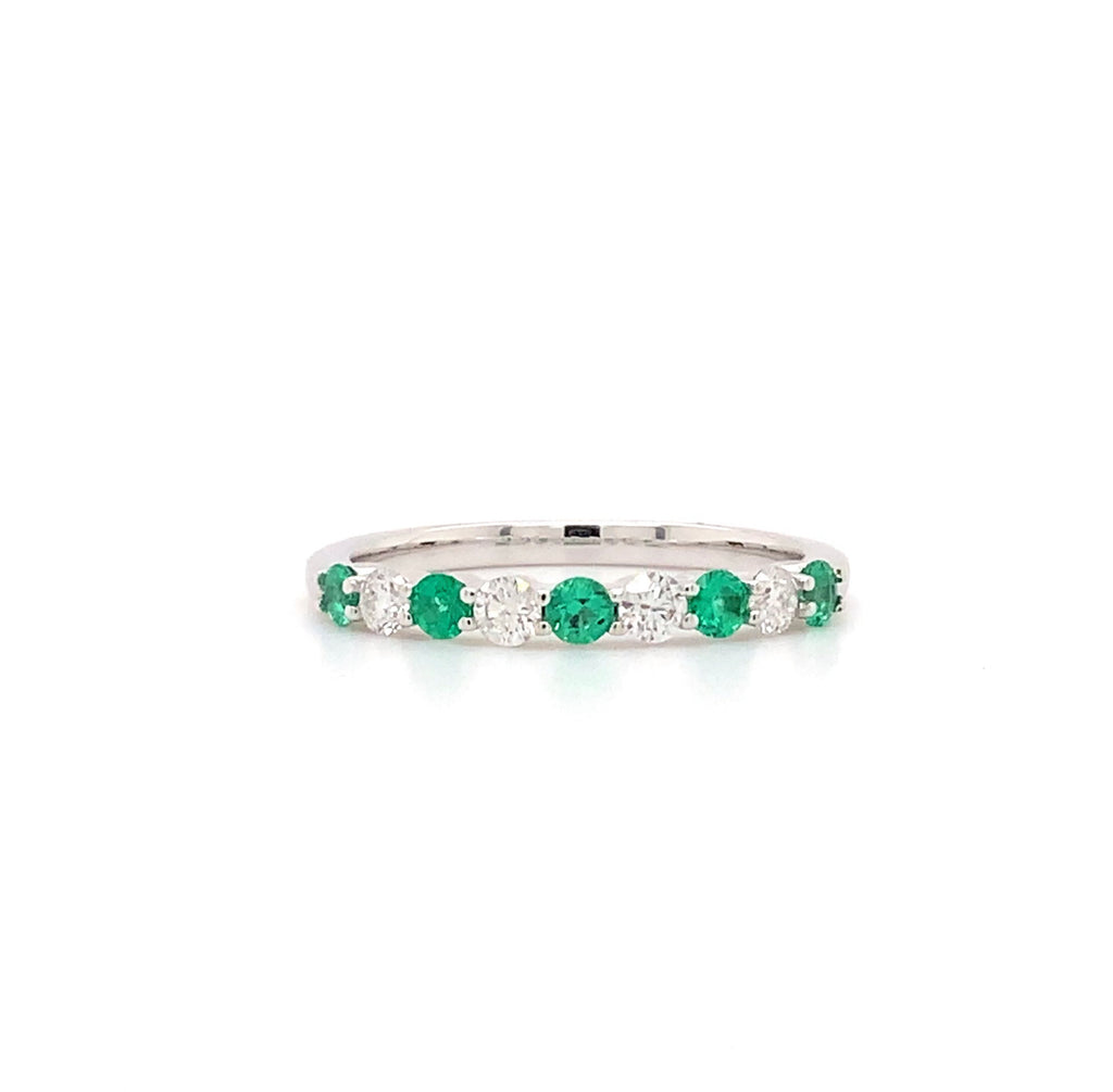 classic emerald and diamond straight line shared prong band in 14k white gold