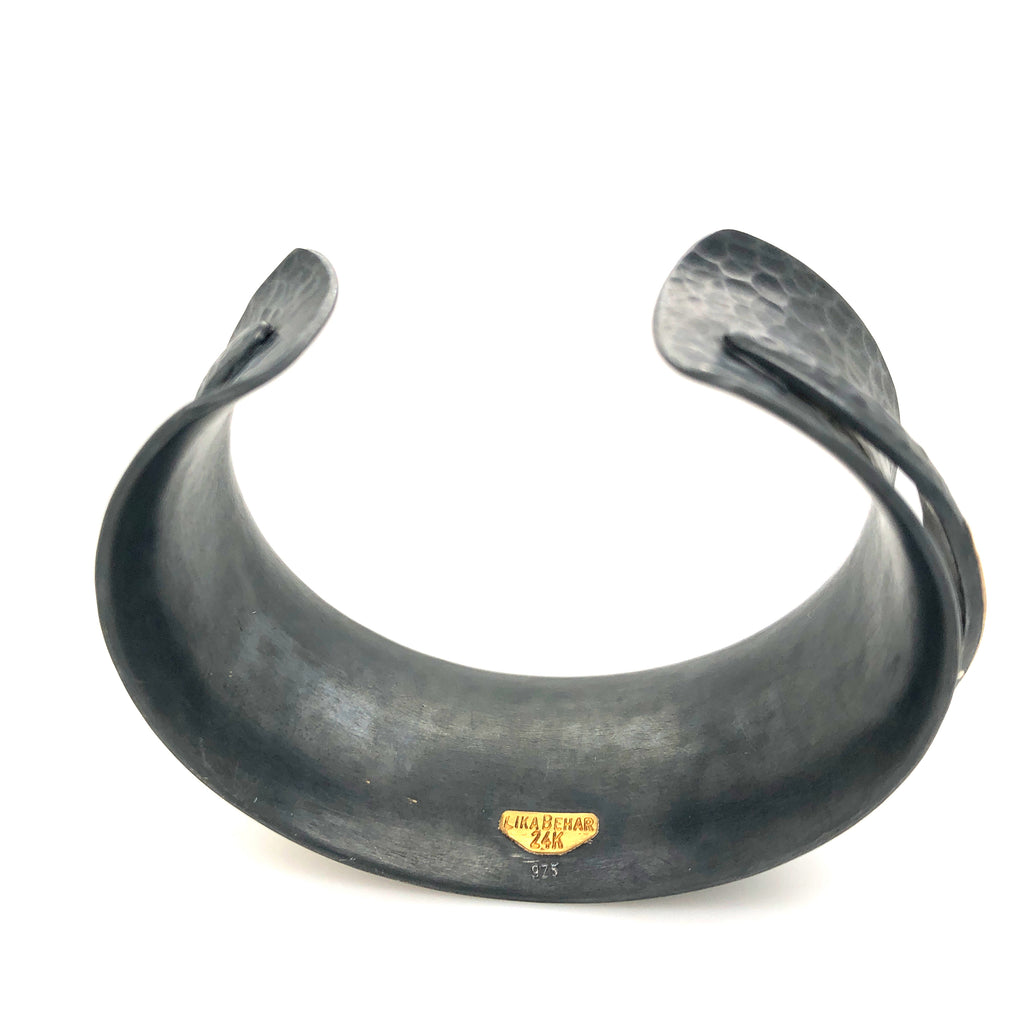 Lika Behar  24K Hammered Fusion Gold and Oxidized Sterling Silver Fine "Twist" open cuff Bracelet with Diamonds 26mm 0.24 ctw | Blacy's Fine Jewelers