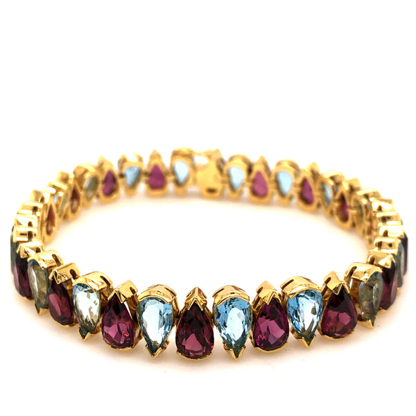 vintage aqua & garnet tennis bracelet,18k yellow gold 36 pear shaped gemstones