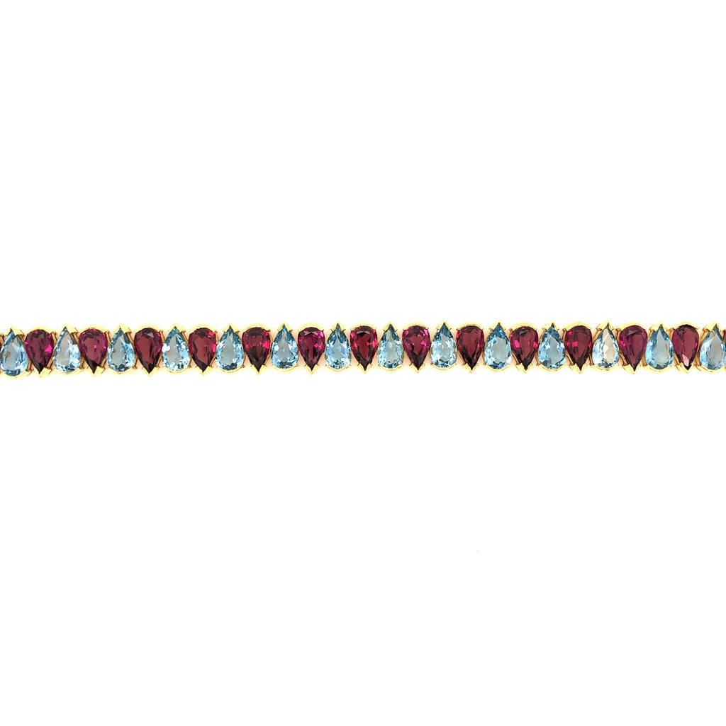 vintage aqua & garnet tennis bracelet,18k yellow gold 36 pear shaped gemstones