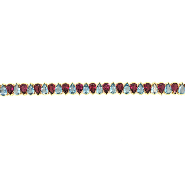 vintage aqua & garnet tennis bracelet,18k yellow gold 36 pear shaped gemstones