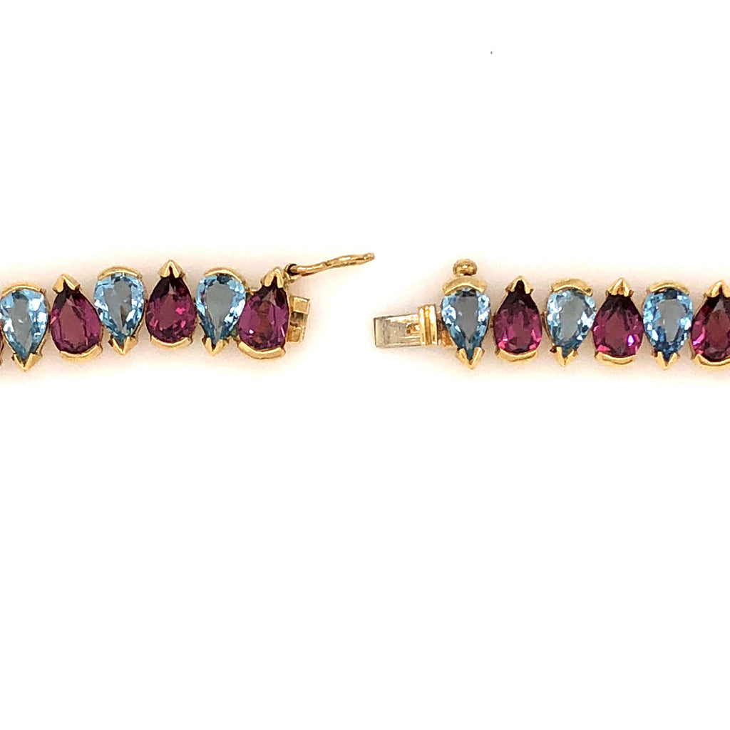 vintage aqua & garnet tennis bracelet,18k yellow gold 36 pear shaped gemstones