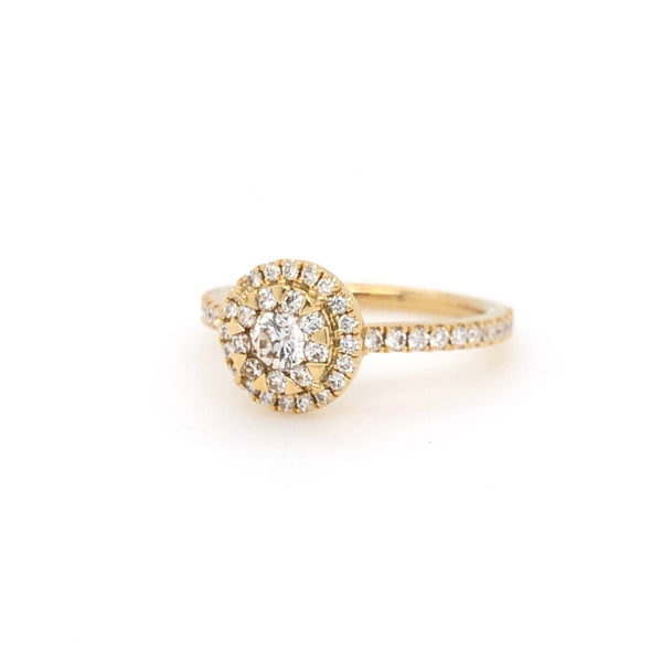 18K Yellow Gold Memoire Bouquet Round Halo Engagement Ring with Diamond Shank 52 Round brilliant diamonds equals to .71ctw | Blacy's Vault