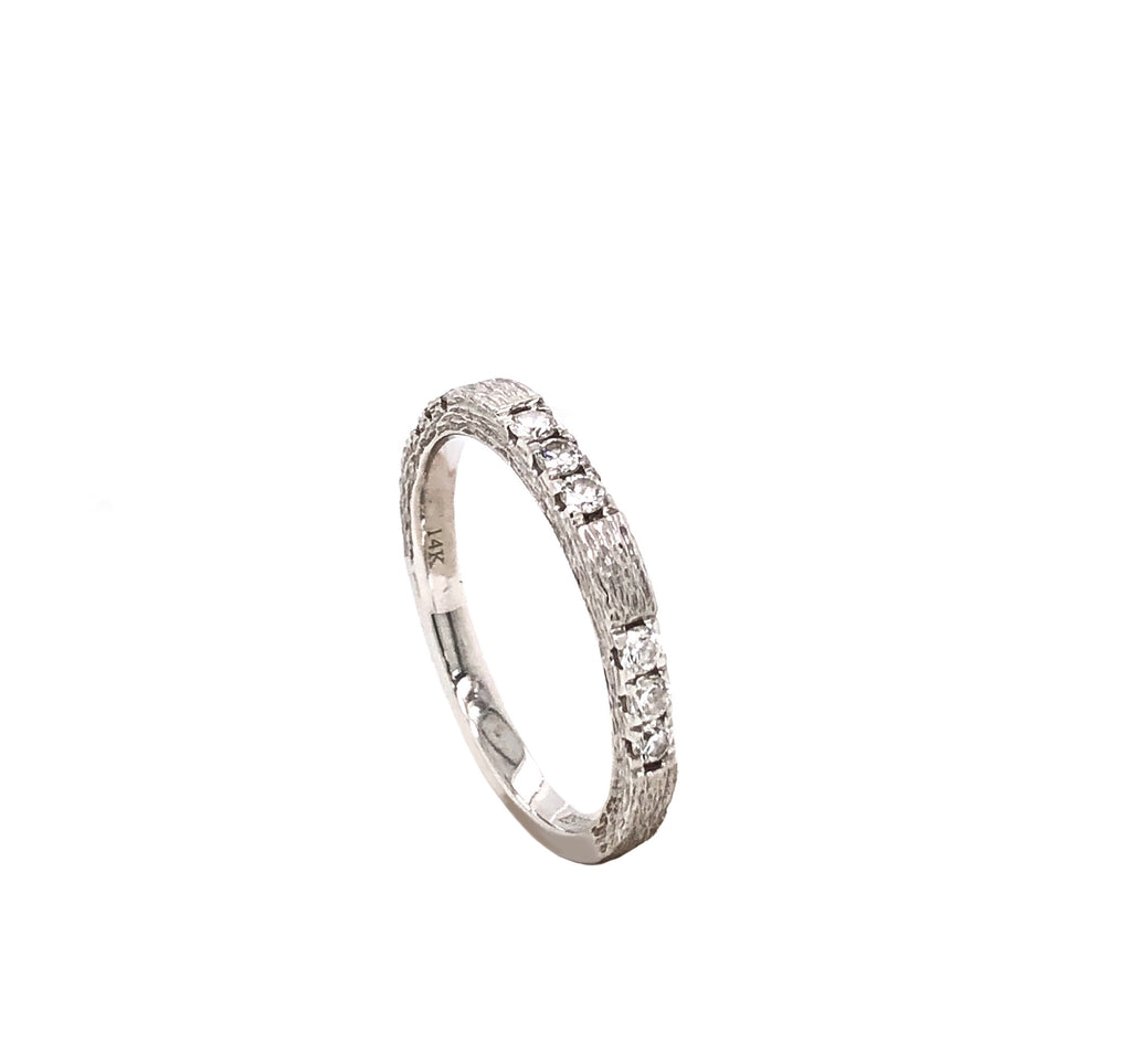 diamond wedding band heavily textured bark finish  0.30 ctw 14k white gold