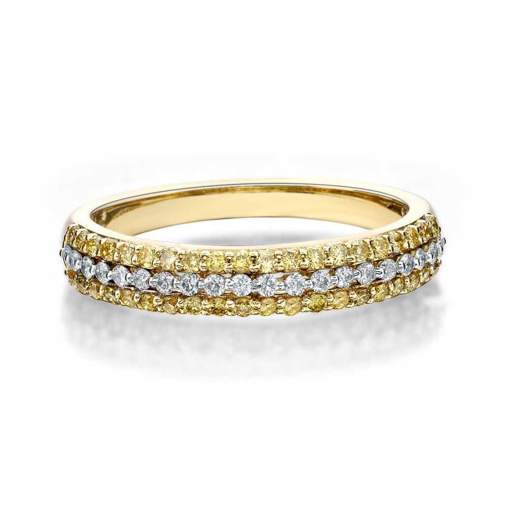 white and yellow diamond 3 row band 40 yellow and 20 white diamonds equals 0.55 ctw 14k yellow gold