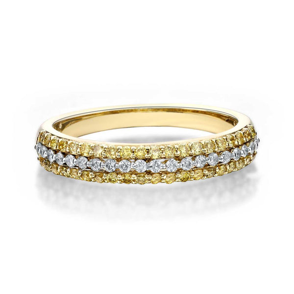 white and yellow diamond 3 row band 40 yellow and 20 white diamonds equals 0.55 ctw 14k yellow gold