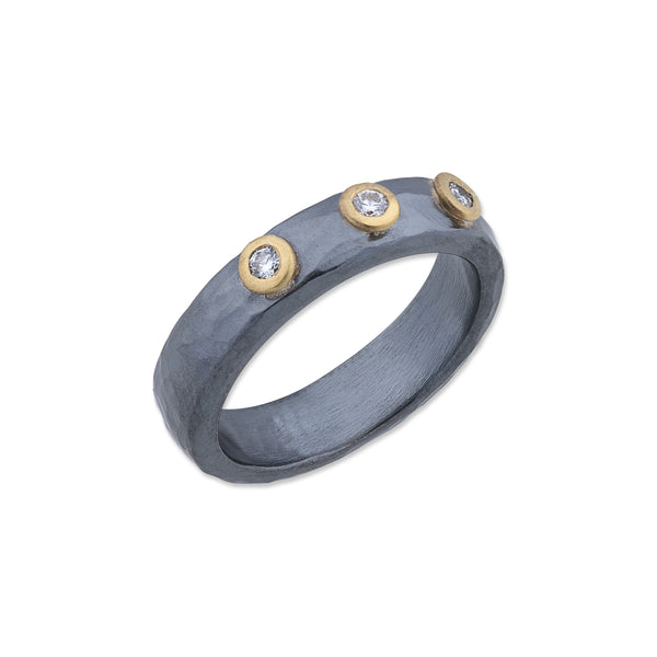 Lika Behar Collection Stockholm Ring 3 Round Brilliant Diamonds 24k Gold and Oxidized Sterling silver | Blacy's Fine Jewelers
