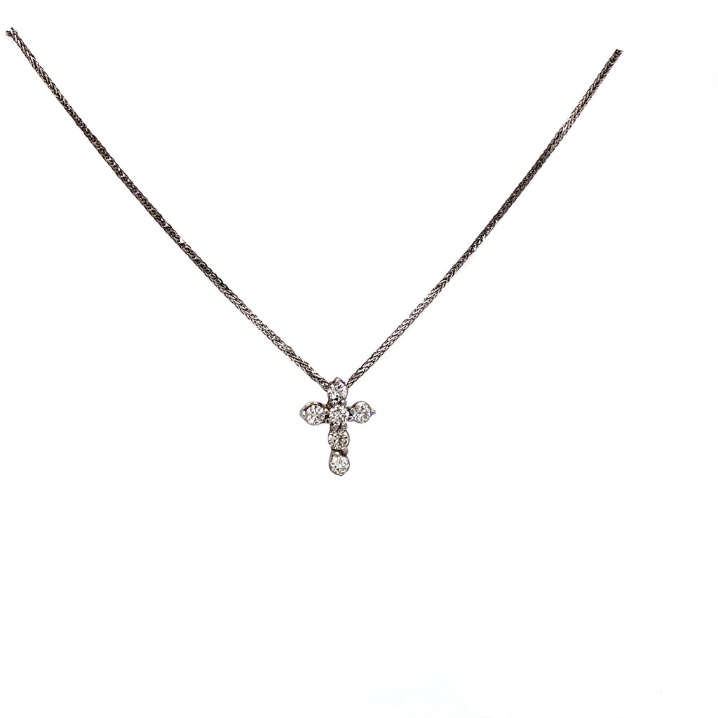 Diamond Cross Pendant 6  Brilliant Cut Round Shared Prong 14K White Gold 18 inch Chain - Image 1 of 2