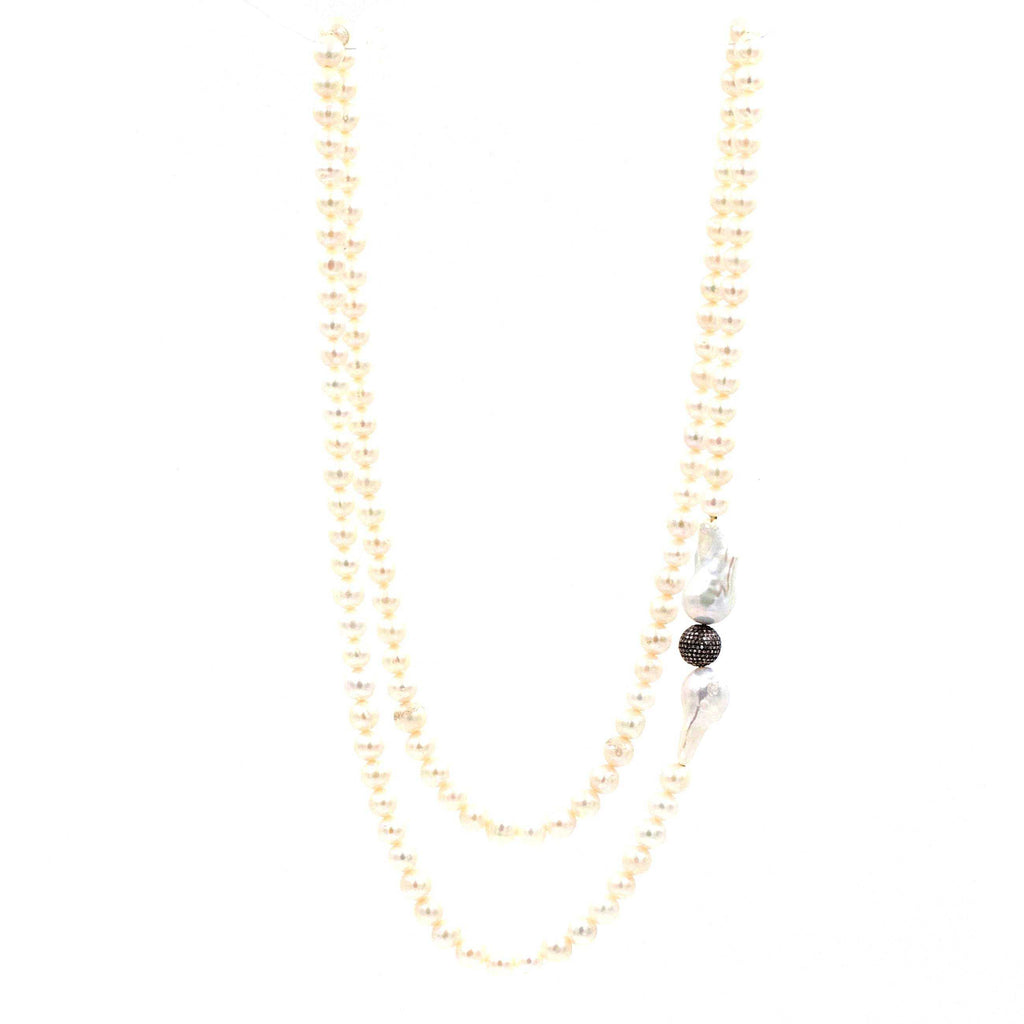 white cultured freshwater pearl necklace with black diamonds paved bead sterling silver