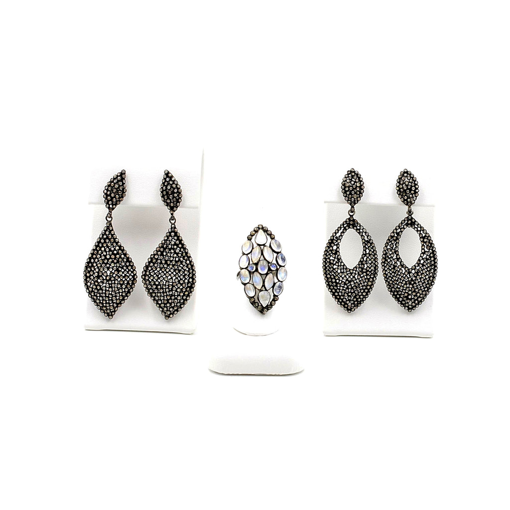 marquise shaped cluster moonstone and diamond ring oxidized sterling silver