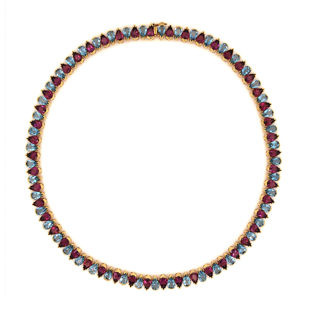 vintage rhodolite garnet & aquamarine tennis necklace 18k yellow gold 100 ctw