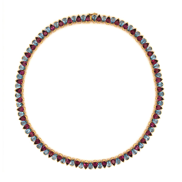 vintage rhodolite garnet & aquamarine tennis necklace 18k yellow gold 100 ctw