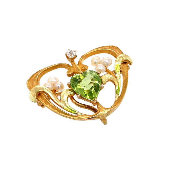vintage art nouveau heart shaped peridot, diamond and seed pearl brooch -  lavalier pendant in 14 kt yellow and green gold