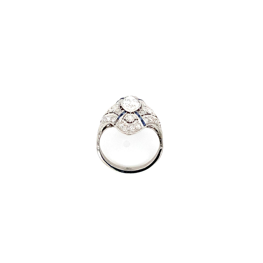 antique edwardian art deco filigree marquise diamond and calibre sapphire ring set in platinum