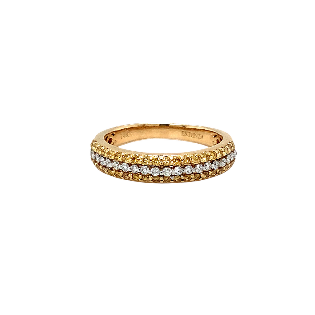 white and yellow diamond 3 row band 40 yellow and 20 white diamonds equals 0.55 ctw 14k yellow gold