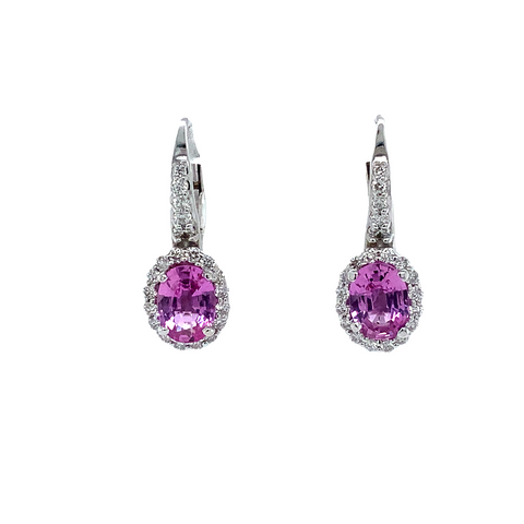 Roman+Jules Natural Oval Pink Sapphire and Diamond Lever back Drop Earrings hand made in 14Kt White Gold - Image 1 of 4
