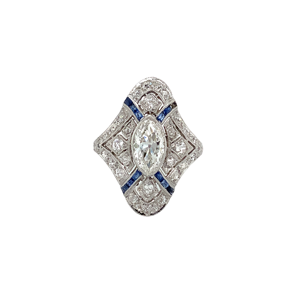 Antique Edwardian - Art Deco Filigree Marquise Diamond and Caliber Sapphire Ring set in Platinum - Image 5 of 6