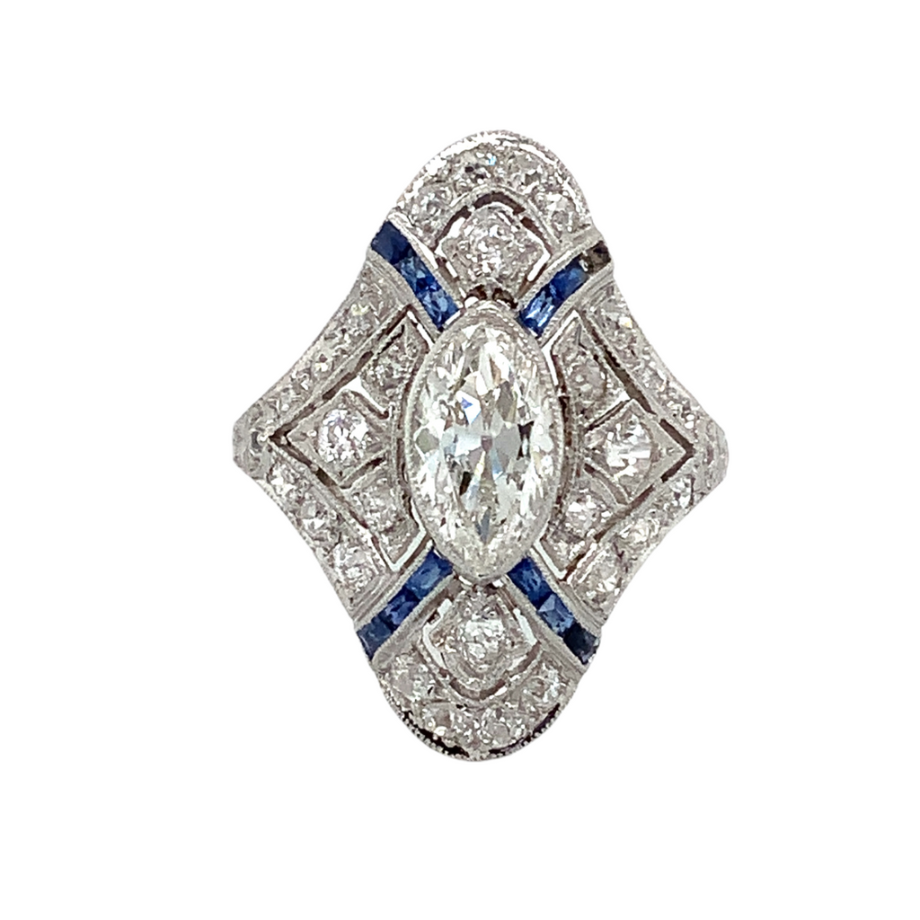 antique edwardian art deco filigree marquise diamond and calibre sapphire ring set in platinum
