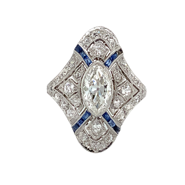 antique edwardian art deco filigree marquise diamond and calibre sapphire ring set in platinum