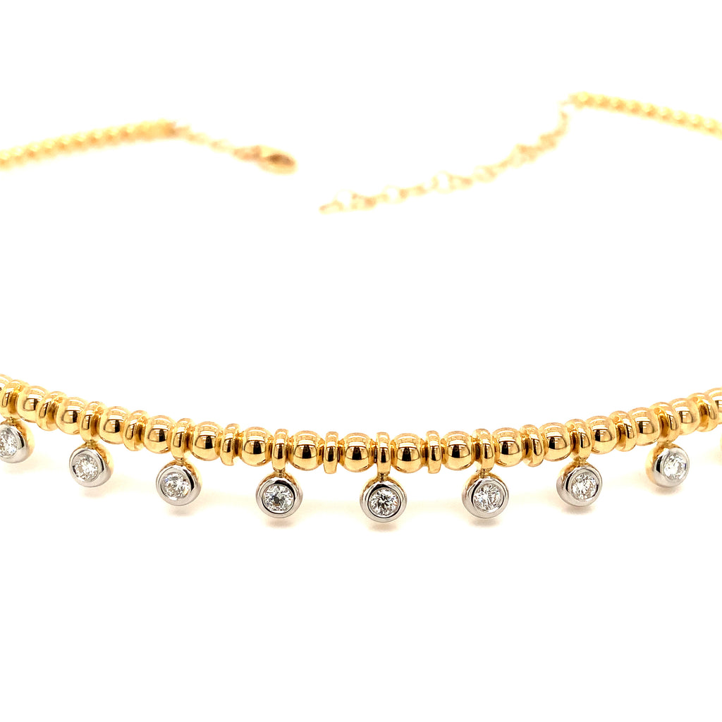 a link diamond drop bezel set beaded etruscan style choker necklace set in 18k two tone gold