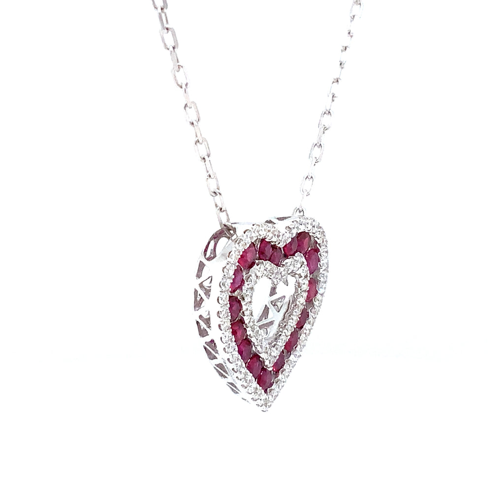 Afarin Collection Classic 3 Row African Ruby and Diamond Heart Shape Necklace Set in 18K White Gold - Image 10 of 11