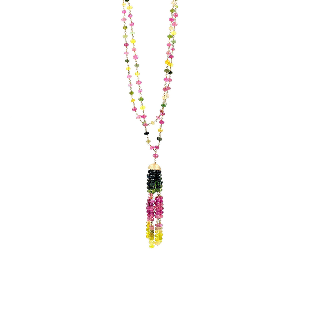 multi colored ombre green, pinks to yellows tourmaline tassel wire bead necklace 14k yellow gold