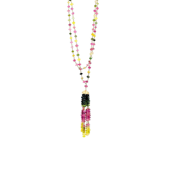 multi colored ombre green, pinks to yellows tourmaline tassel wire bead necklace 14k yellow gold
