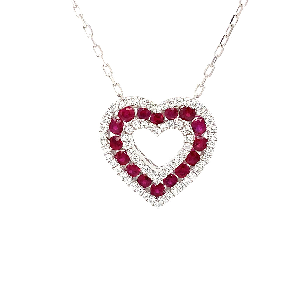 Afarin Collection Classic 3 Row African Ruby and Diamond Heart Shape Necklace Set in 18K White Gold - Image 4 of 11