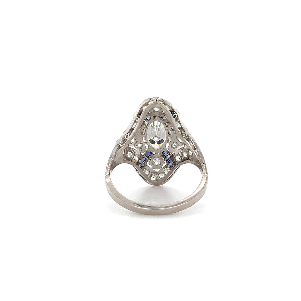 antique edwardian art deco filigree marquise diamond and calibre sapphire ring set in platinum