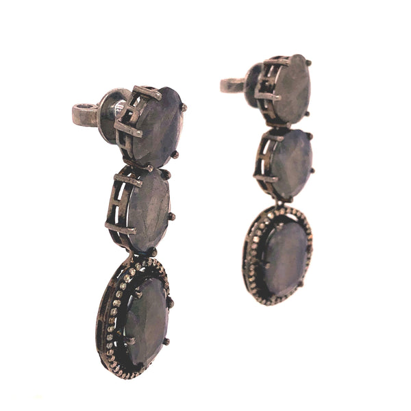 labradorite and diamond halo drop earrings oxidized sterling silver