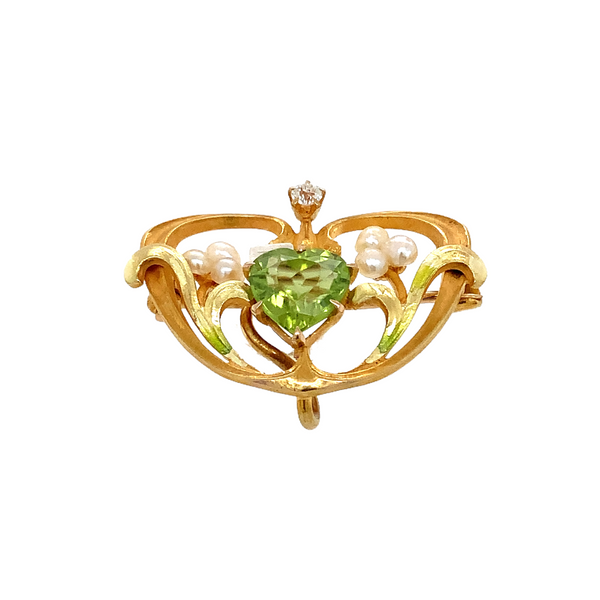vintage art nouveau heart shaped peridot, diamond and seed pearl brooch -  lavalier pendant in 14 kt yellow and green gold