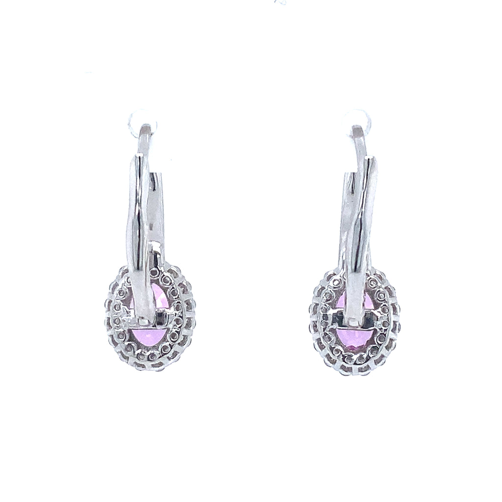Roman+Jules Natural Oval Pink Sapphire and Diamond Lever back Drop Earrings hand made in 14Kt White Gold - Image 4 of 4