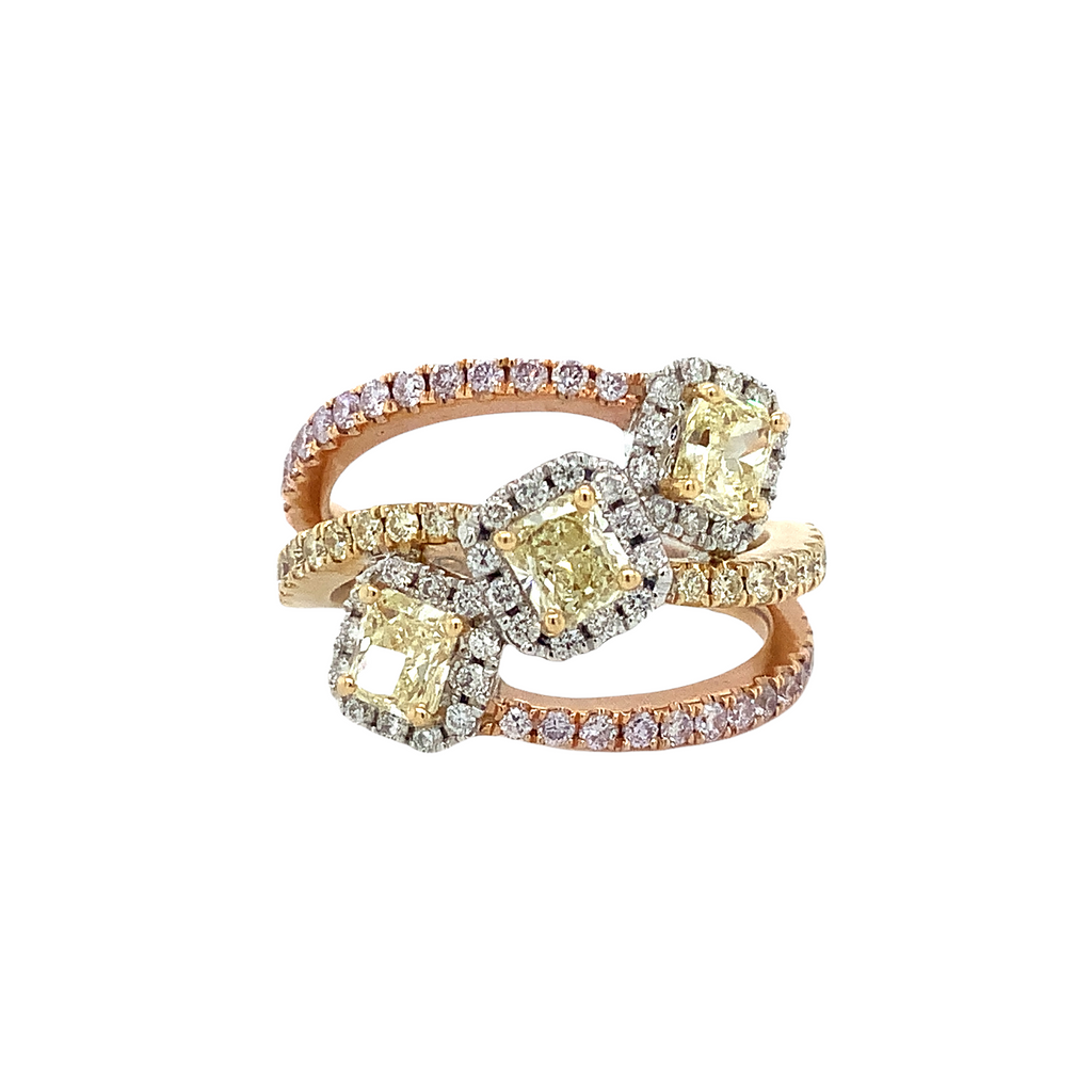 Roman + Jules 3 stone Natural Fancy Pink and Yellow Colored Diamond Ring Set in 18 Karat Tri-Color Gold. - Image 1 of 5