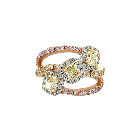 Roman + Jules 3 stone Natural Fancy Pink and Yellow Colored Diamond Ring Set in 18 Karat Tri-Color Gold. - Image 1 of 5