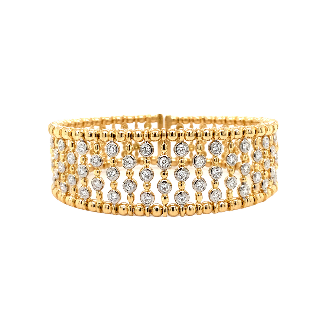 A Link Collection Bezel Set Beaded Etruscan Style Cuff Diamond Bracelet 1.39 cts. tw. Set in 18K two Tone Gold - Image 1 of 6