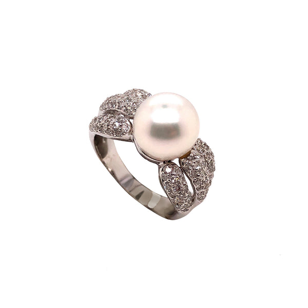 white cultured south sea pearl and diamond ring triple split shank design 18k white gold