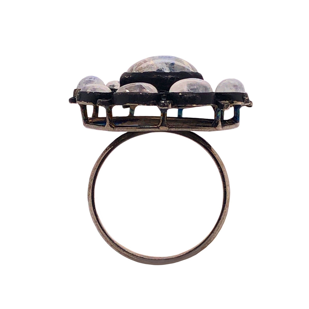 marquise shaped cluster moonstone and diamond ring oxidized sterling silver